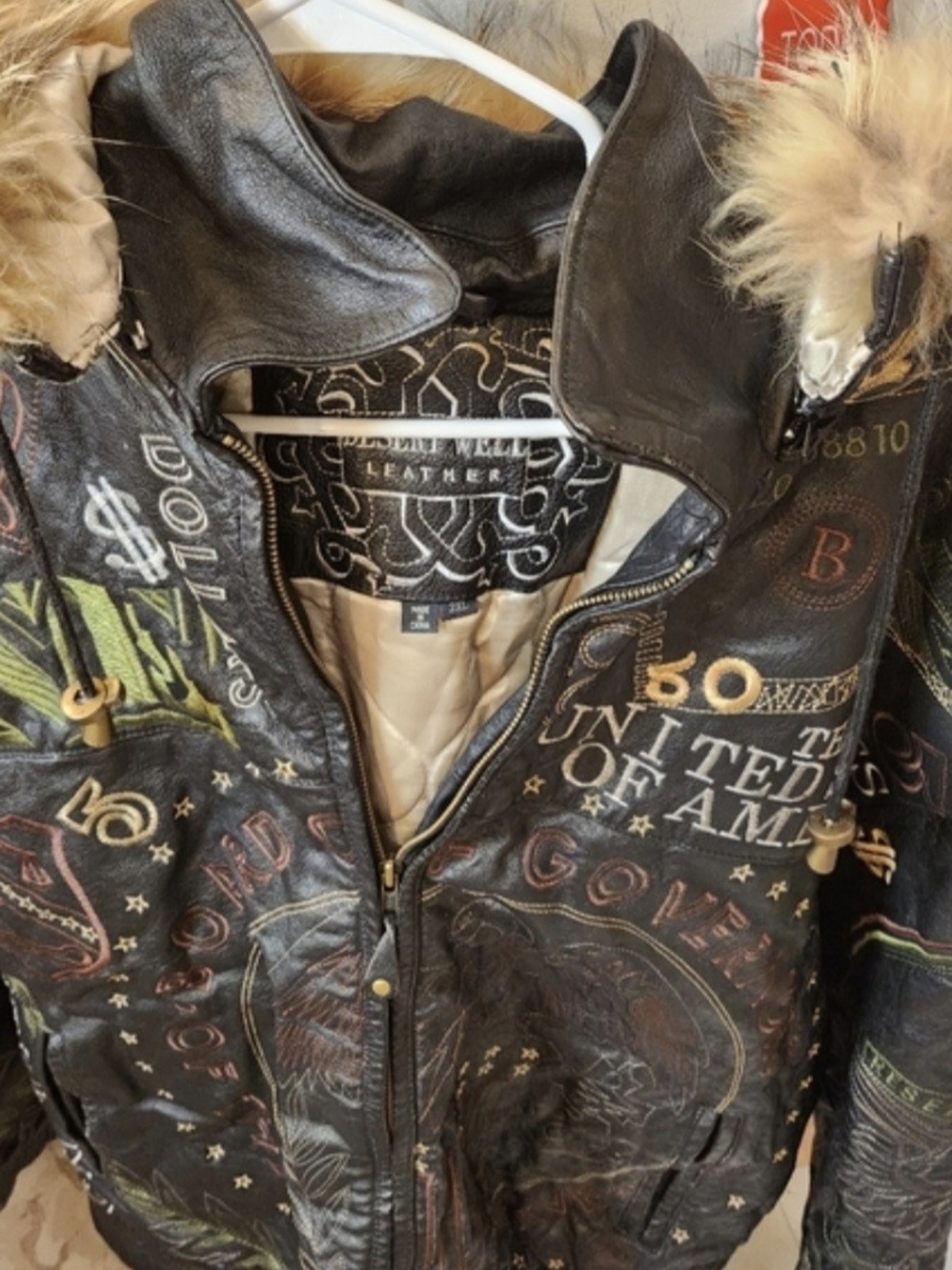 & Other Stories Black Embroidered Leather Bomber with Faux Fur Hood